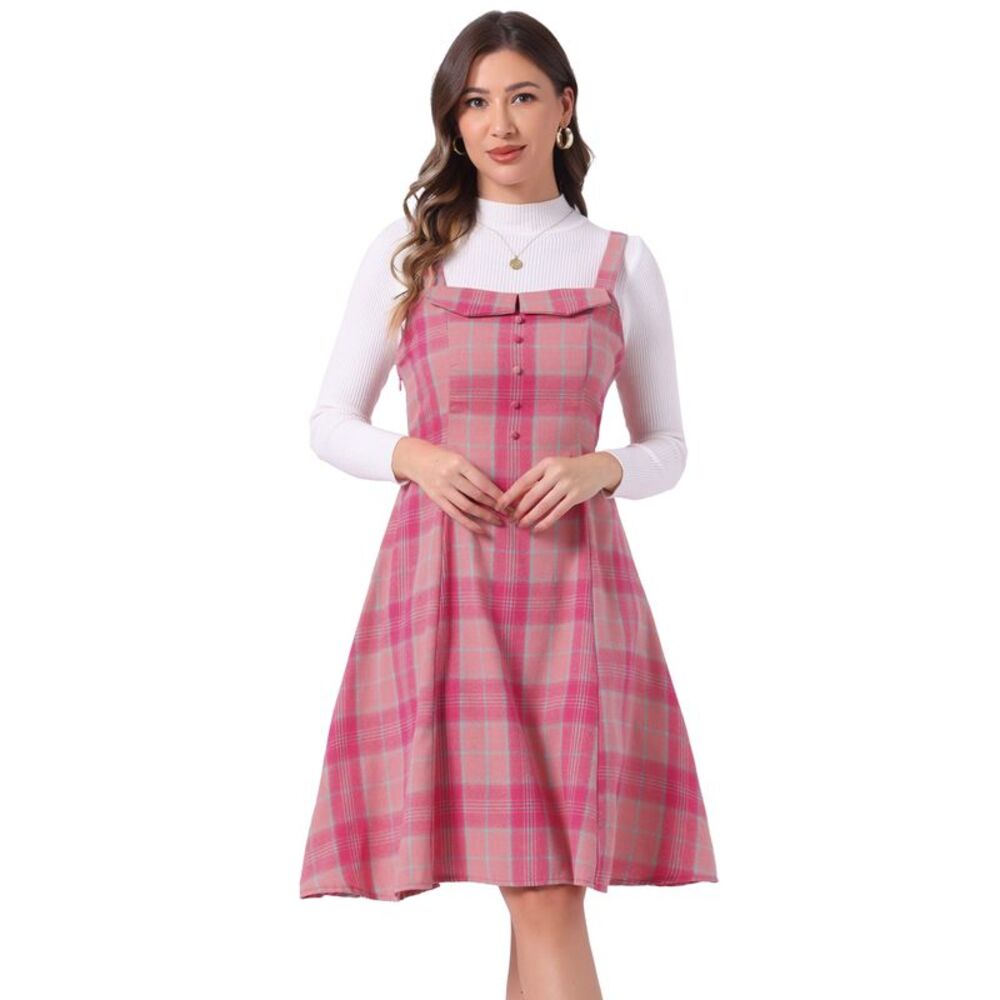 Plaid Vintage Sleeveless Tie Waist A-Line Overall Pinafore Dress Dark Pink